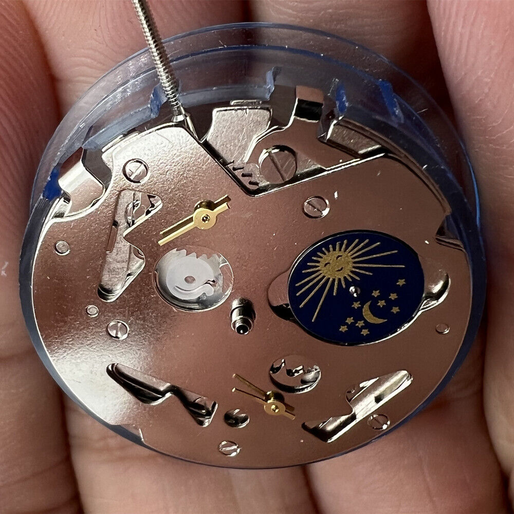 Asian Tianjin Seagull ST6 watch with 3 hands and moon phase at 6 o'clock, automatic mechanical movement.