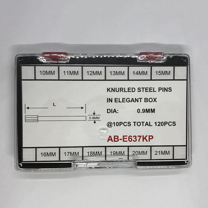 Goupilles moletées en acier dans une élégante boîte, dimensions de 10 à 21 mm, diamètre : 0,9 mm, 120 pièces/boîte
