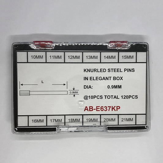 Rändelstifte aus Stahl in eleganter Box, Größe von 10–21 mm, Durchmesser: 0,9 mm, 120 Stück/Box