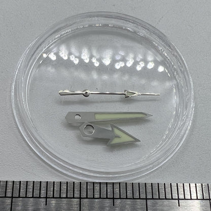 Green lume arrow-shaped watch hands with silver trim, 12mm, compatible with Miyota NH35/NH36/NH38 movements.