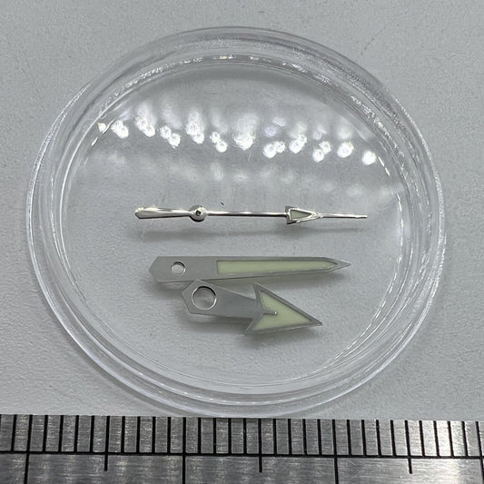 Green lume arrow-shaped watch hands with silver trim, 12mm, compatible with Miyota NH35/NH36/NH38 movements.