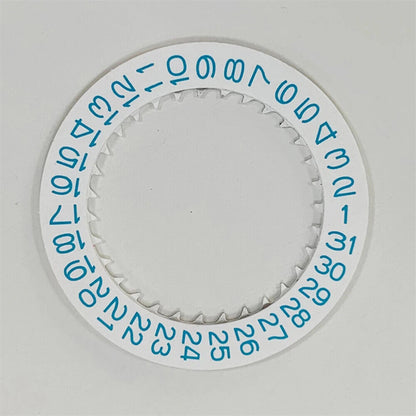 Blue character disk date wheel for NH35 NH36 watches, date display at 3 o'clock, high-quality replacement part.