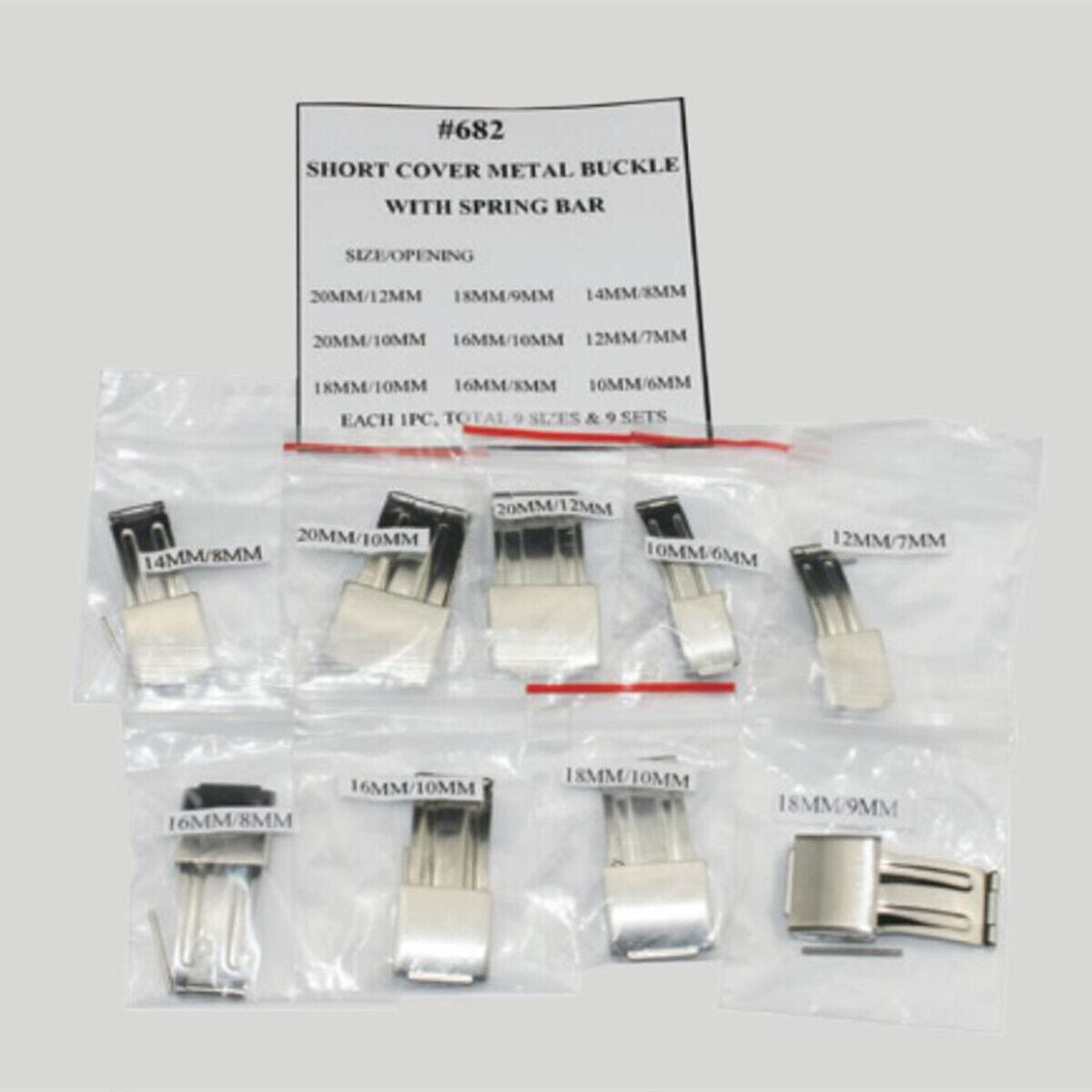 Set of 9 short metal watch buckles (10-20mm) with spring bars, ideal for watch strap replacement.