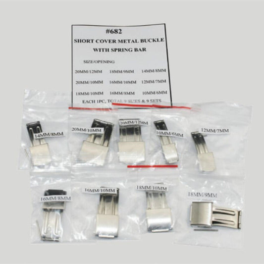 Set of 9 short metal watch buckles (10-20mm) with spring bars, ideal for watch strap replacement.