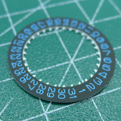 Blue font date disk wheel for NH35 watch movement on black background