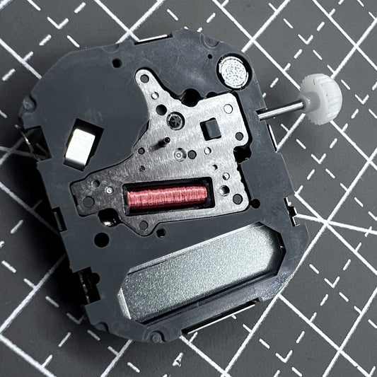Japan Miyota T480 quartz movement watch mechanism with 3 hands and display screen for precise timekeeping.