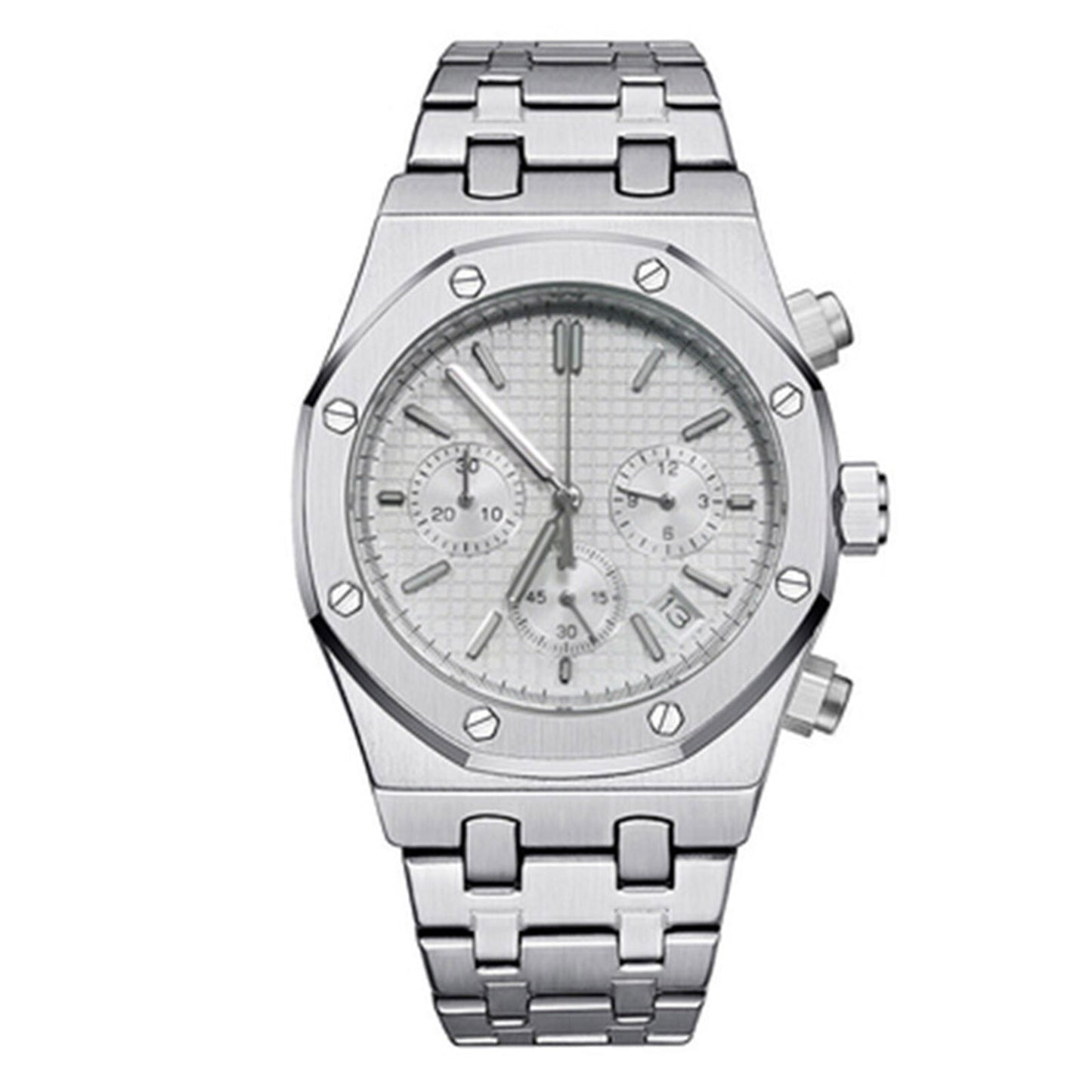 41MM stainless steel watch case and strap with VK63 movement and scratch-resistant sapphire glass.