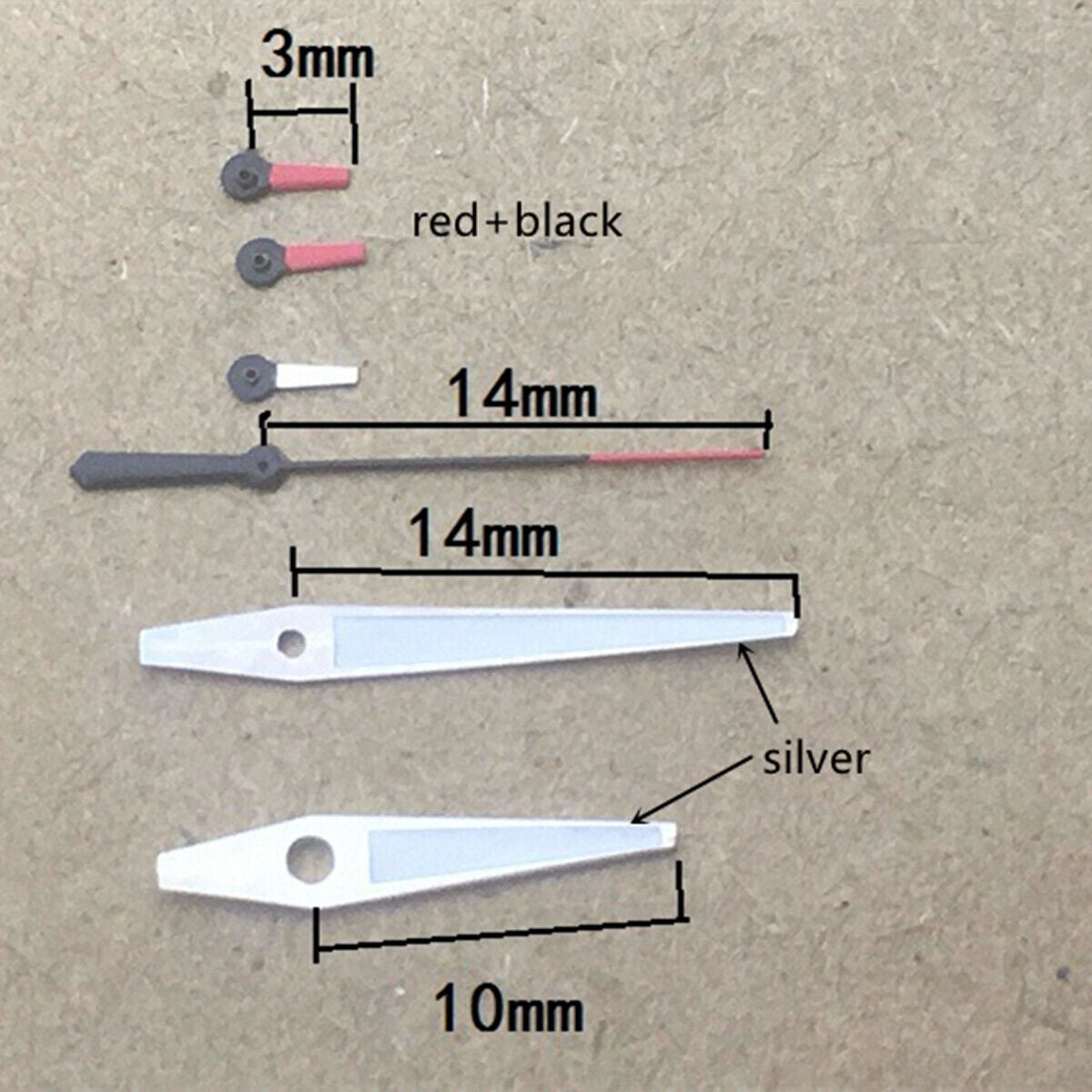 Red and white small second watch hands with silver trim by Miyota OS series for stylish timepiece upgrades.