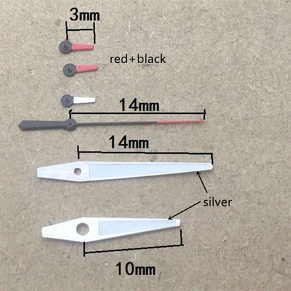 Red and white small second watch hands with silver trim by Miyota OS series for stylish timepiece upgrades.