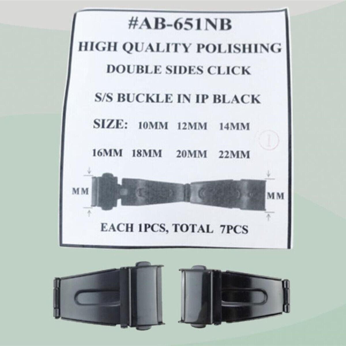 Set of 7 black double-sided stainless steel watch buckles, 10-22mm, polished finish for sleek style.