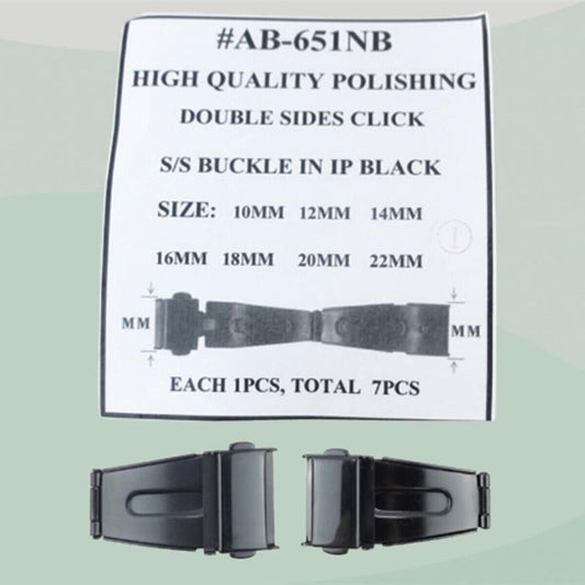 Set of 7 black double-sided stainless steel watch buckles, 10-22mm, polished finish for sleek style.
