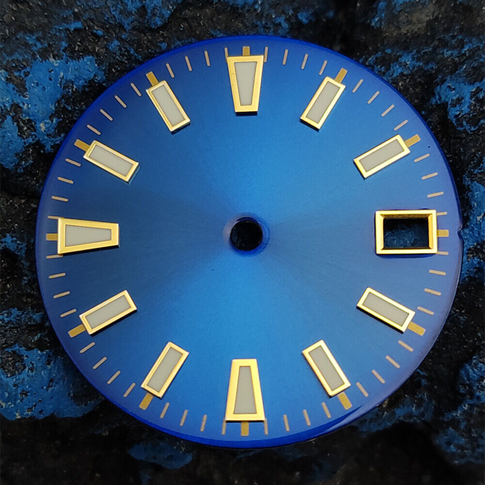 Green luminous watch dial with blue and golden nail trims, compatible with NH35 movement, perfect for custom timepieces.