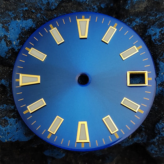 Green luminous watch dial with blue and golden nail trims, compatible with NH35 movement, perfect for custom timepieces.