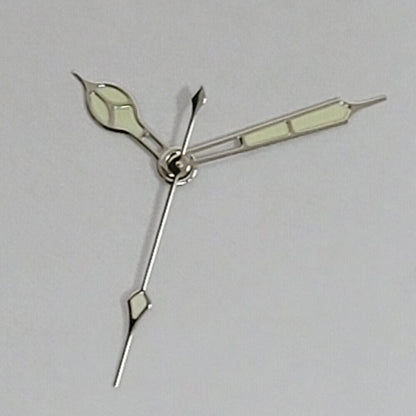 Green luminous watch hands with black and golden trim for NH35, NH36, 4R, and 7S movements.