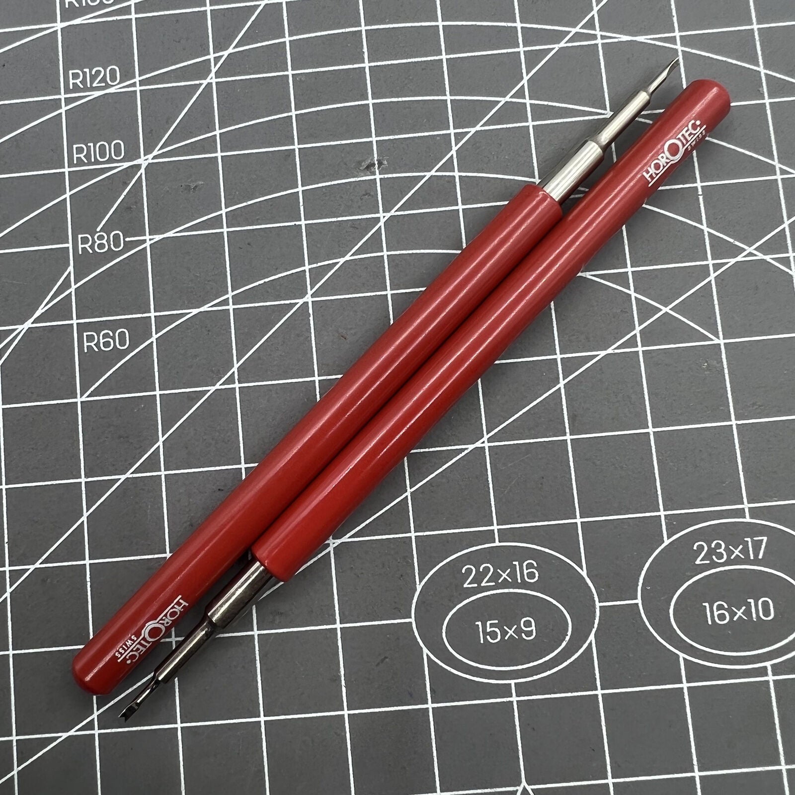 Swiss Horotec MSA05.009 watch hand lifting levers 1.00mm, precise tool for seconds hand adjustments in watch repair.