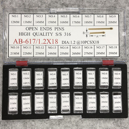 Dia 1.2mm stainless steel open end pins kit, sizes 12-29mm, 180 pieces for watch accessory repairs