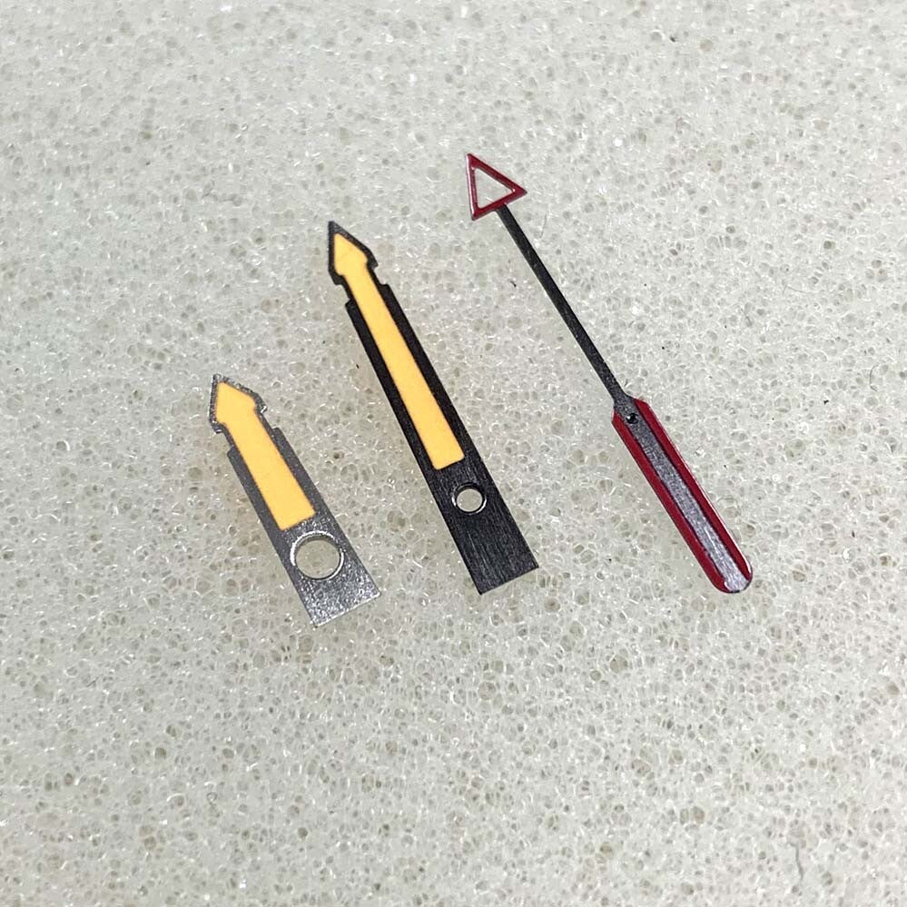 Yellow luminous arrow watch hands with black trim for NH35, NH36, 4R, and 7S movements.