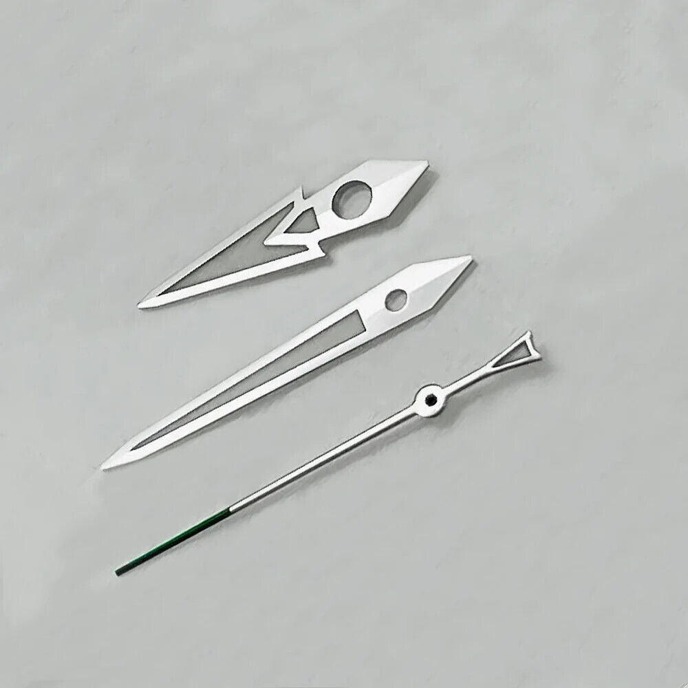 C3 luminous silver trim watch hands with dark green pointed design for NH36 NH35 movements.