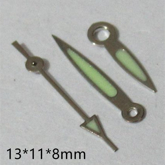 Pointed 13mm green luminous watch hands set for Miyota 2035, 2115, 2105, 2305, 2315 movements.