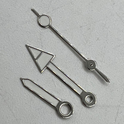 Arrow-shaped silver trim green luminous watch hands for NH35/NH36/4R/7S movement, enhancing visibility and style.