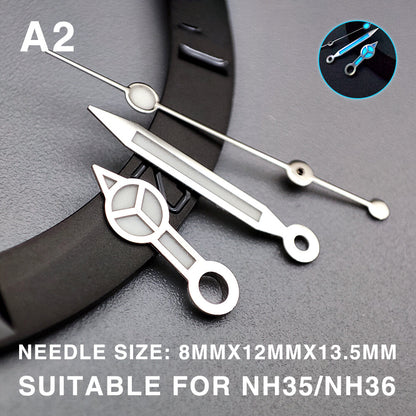 Blue luminous watch hands with silver trim, 13.5mm for Miyota NH35/NH36/NH38, enhancing night visibility.