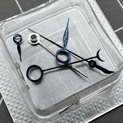 Blue polished watch hands with no lume for ETA 7750/7751 movement, durable replacement.