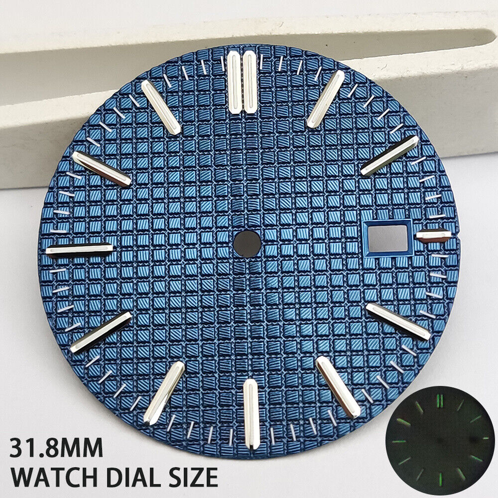 Green lume watch dial with silver trim and blue check pattern, compatible with NH35 movement.