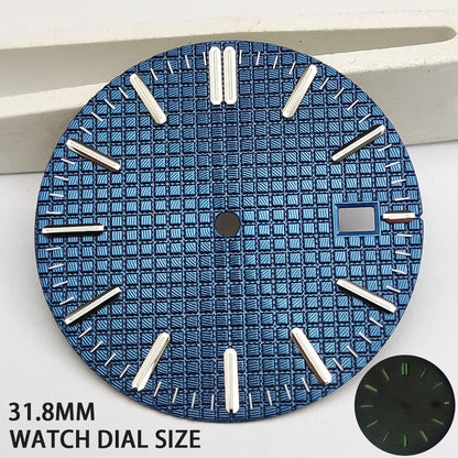 Green lume watch dial with silver trim and blue check pattern, compatible with NH35 movement.