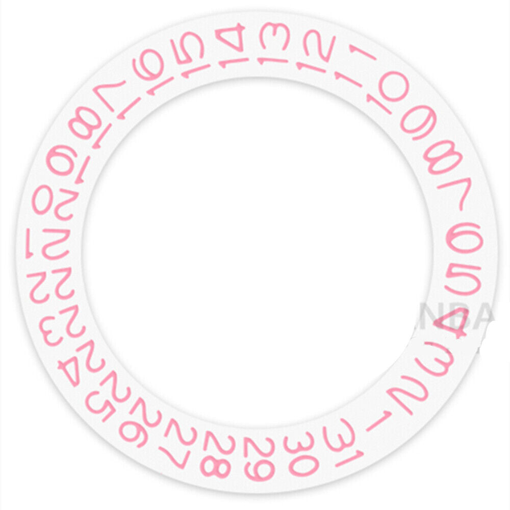 Pink character date wheel for NH35 NH36 movement, date window at 3 o'clock, white backdrop, watch accessory.