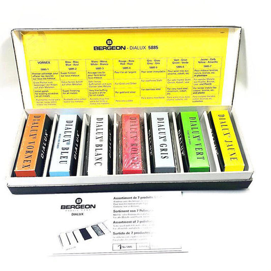 Bergeon 5885 DIALUX Rouge polishing set with 7 assorted watch accessory products for fine metal finishing