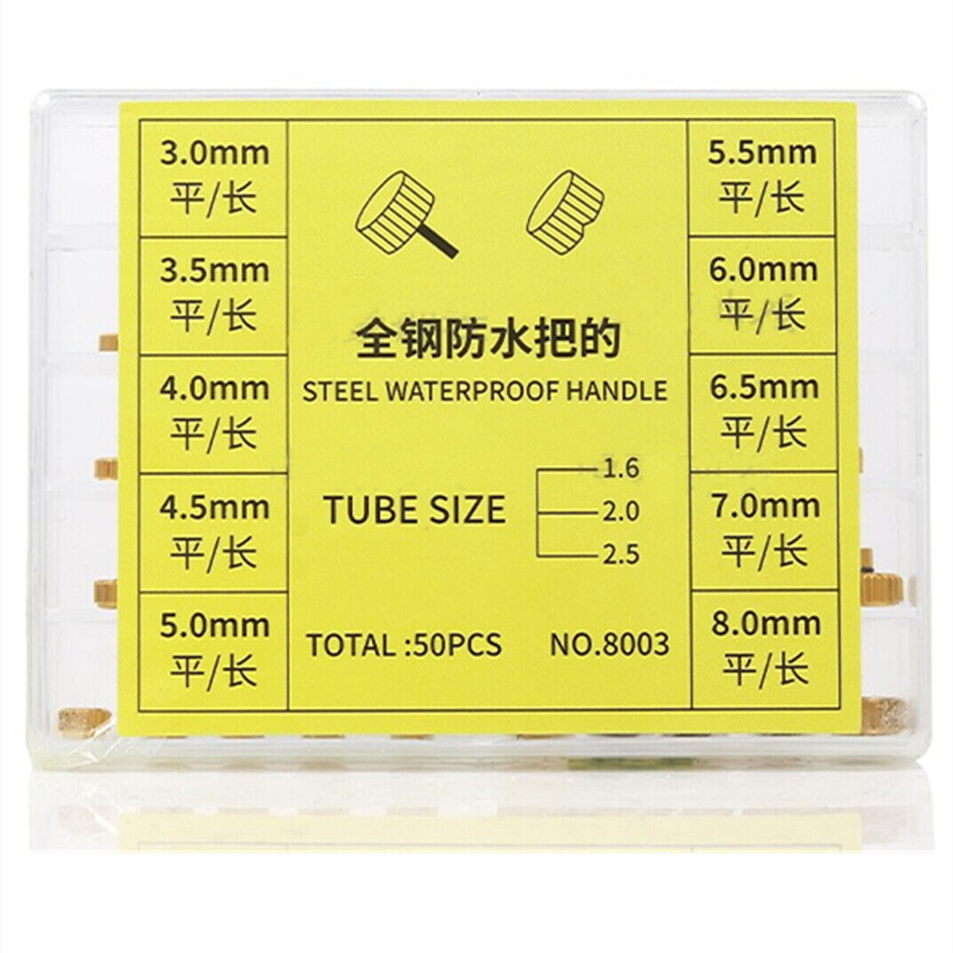 Golden stainless steel watch crowns assortment, 50pcs for waterproof watch repairs, durable and precise tools.