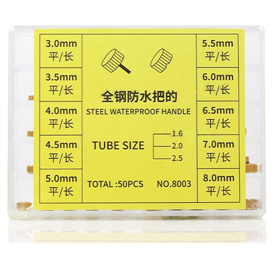 Golden stainless steel watch crowns assortment, 50pcs for waterproof watch repairs, durable and precise tools.