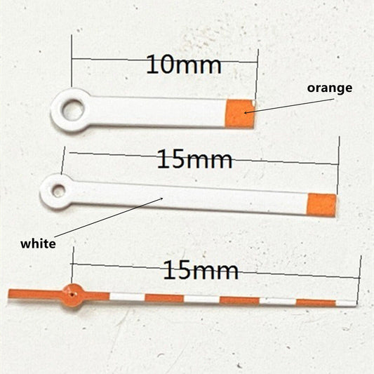 15mm orange and white painted watch hands for Ronda 515 quartz, no lume, precise timekeeping accessory.