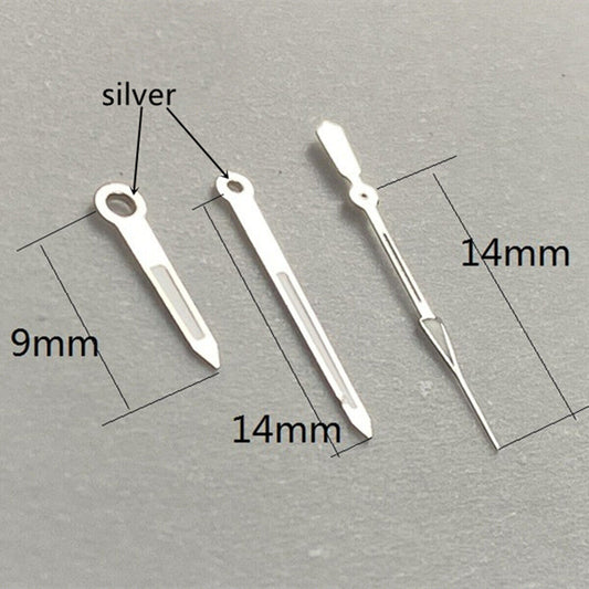 14mm silver trim watch hands with green lume for Ronda 515 quartz movement, ideal for accurate timekeeping.