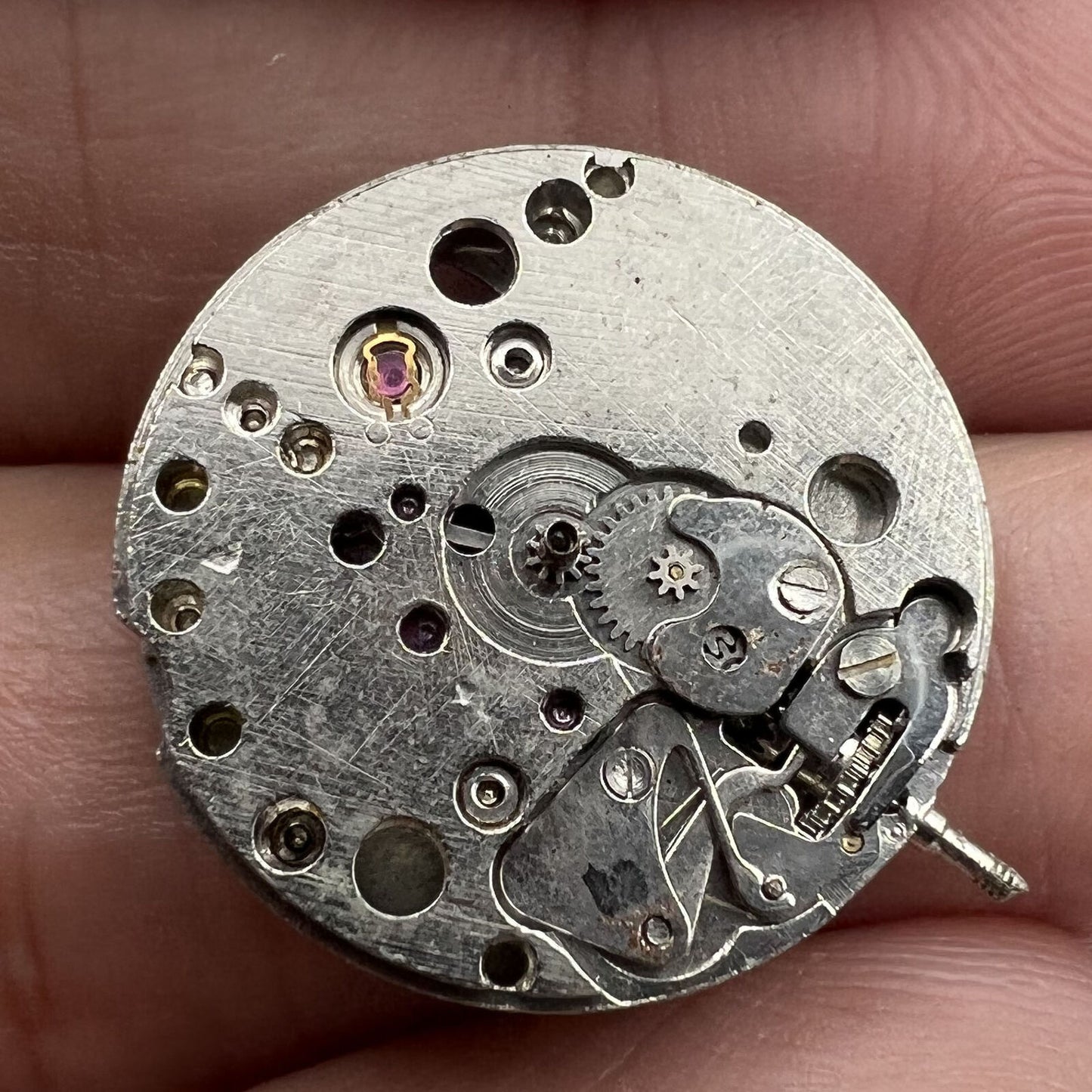 1. Close-up of 7121 3121 automatic mechanical watch movement for repair practice by China Made.  