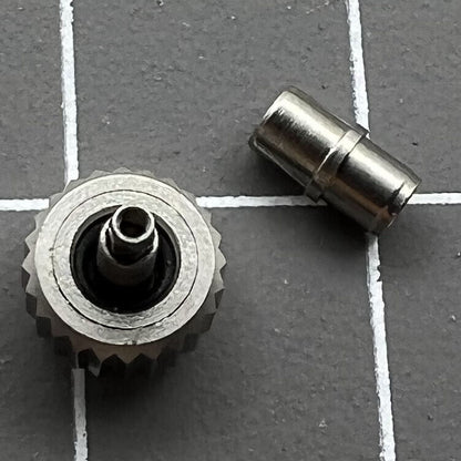 Polished 6.3mm silver OMEGA Seamaster 300 watch crown with tube, precision replacement accessory.