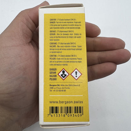 Bergeon 6993 polishing paste for watch accessories, delivers a mirror finish on metal surfaces efficiently.