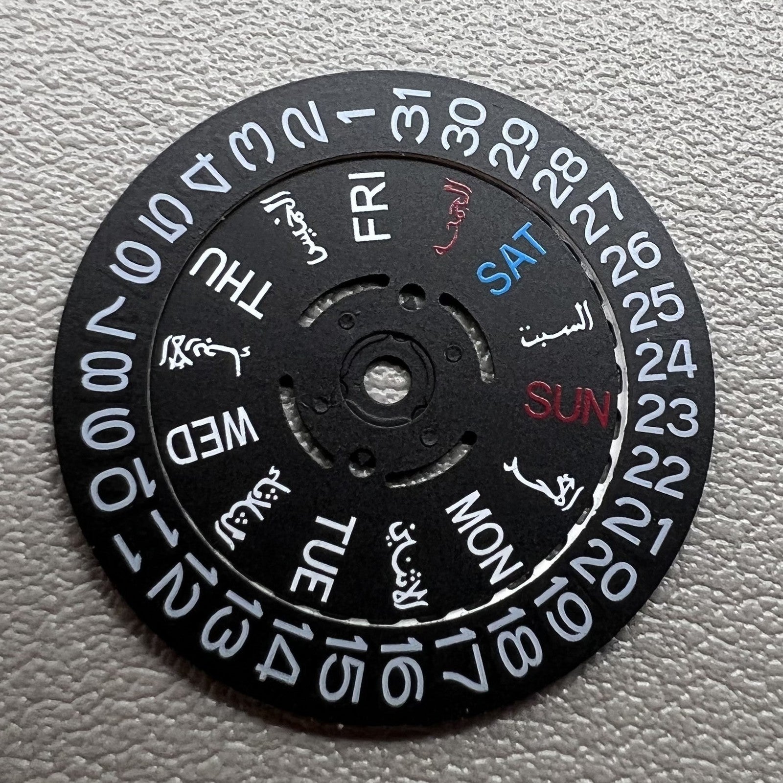 Black Arabic/English date and week wheel for NH36 watch movement, crown positioned at 3 o'clock, precision parts.