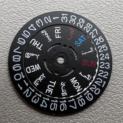 Black Arabic/English date and week wheel for NH36 watch movement, crown positioned at 3 o'clock, precision parts.