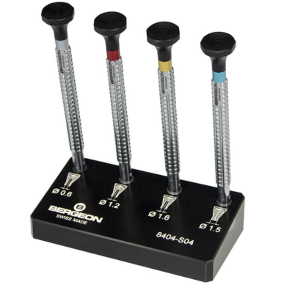Swiss Bergeon 8404 set of 4 watch hand fitting tools on stand for precise watch accessory repairs