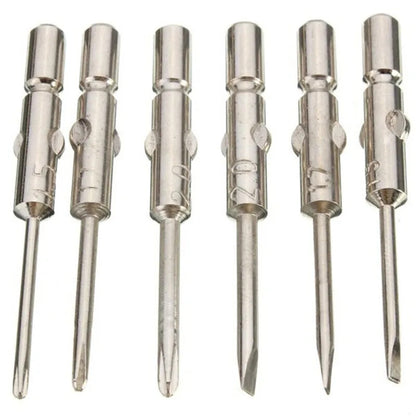Precision screwdriver set for watch and eyeglass repair, includes hex tools and cutter heads with grip handle.