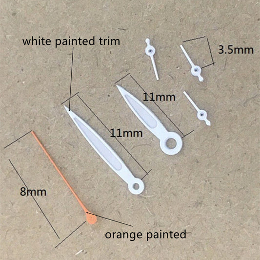 Aiguilles de montre luminescentes vertes peintes en orange et blanc de 11 mm pour mouvement VD53, VD54 et VD57