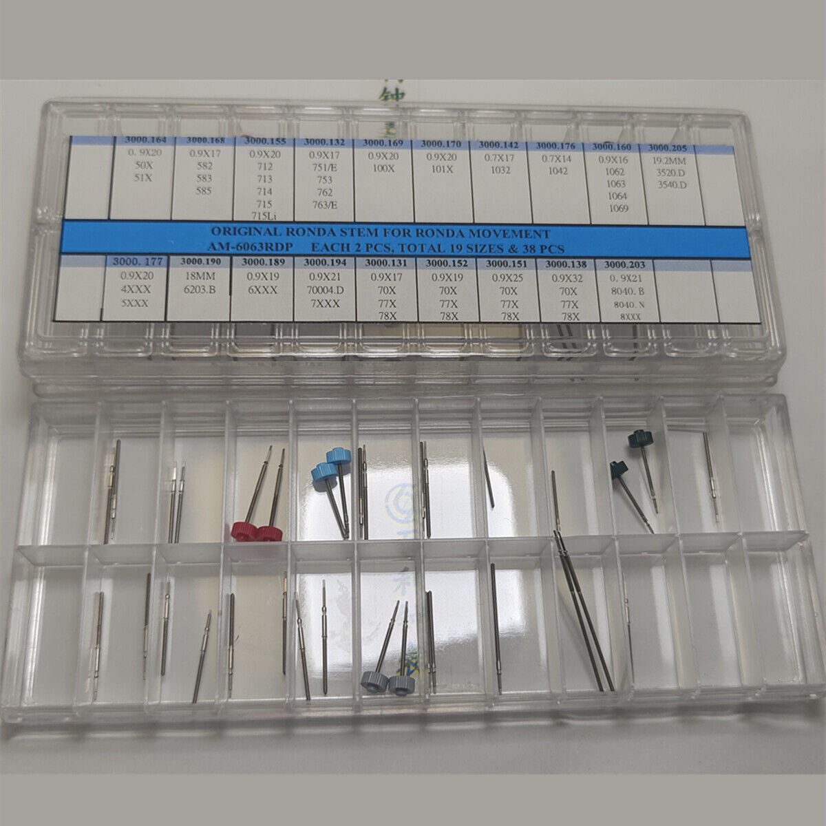 Set of 38 original Ronda watch stems in 19 sizes, essential for Ronda movement watch repairs and maintenance.