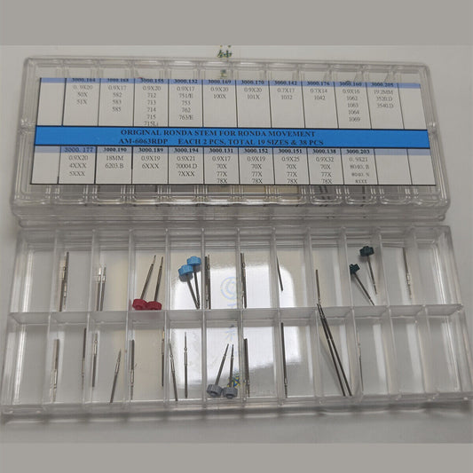 Set of 38 original Ronda watch stems in 19 sizes, essential for Ronda movement watch repairs and maintenance.