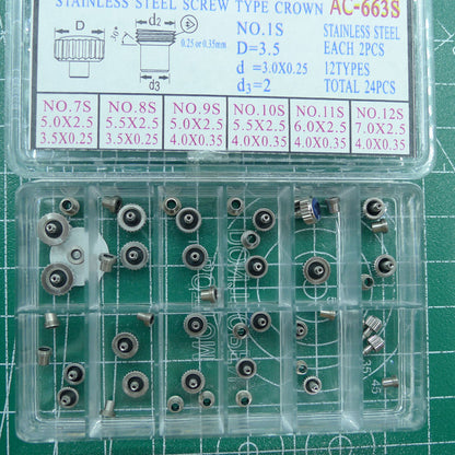 AC-663S stainless steel screw crown set, 24pcs for precise watch repair and secure fit.