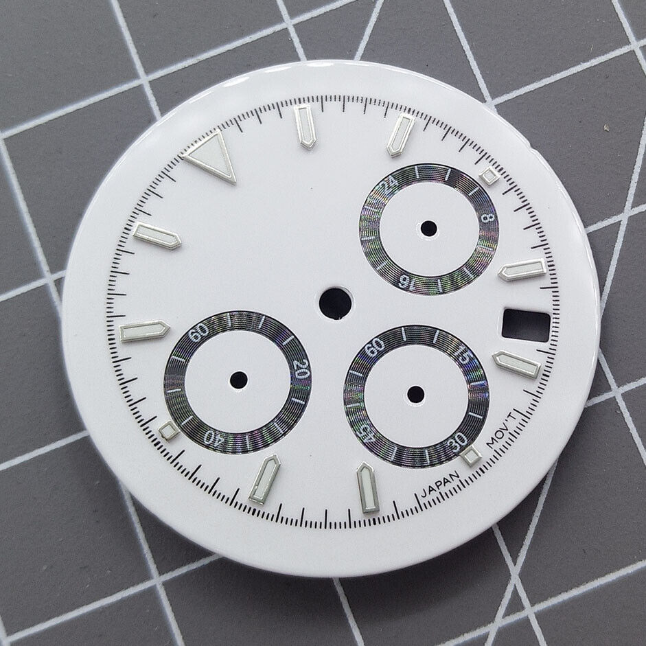 Green luminous hour markers on matted white dial, compatible with VK63 quartz.