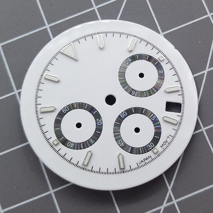 Green luminous hour markers on matted white dial, compatible with VK63 quartz.