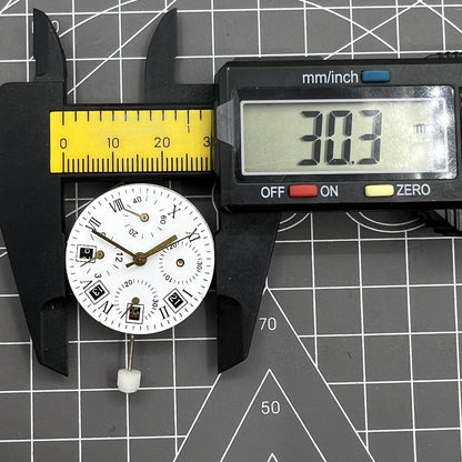 Automatic chronograph watch with ETA 7750, black dial, calendar display, and precision timing.
