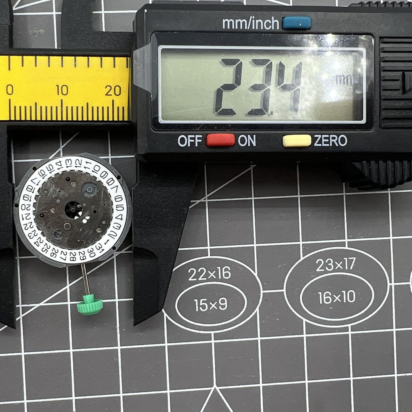 Miyota FS20 chronograph watch movement with date display at 3 o'clock, Japan quartz precision.