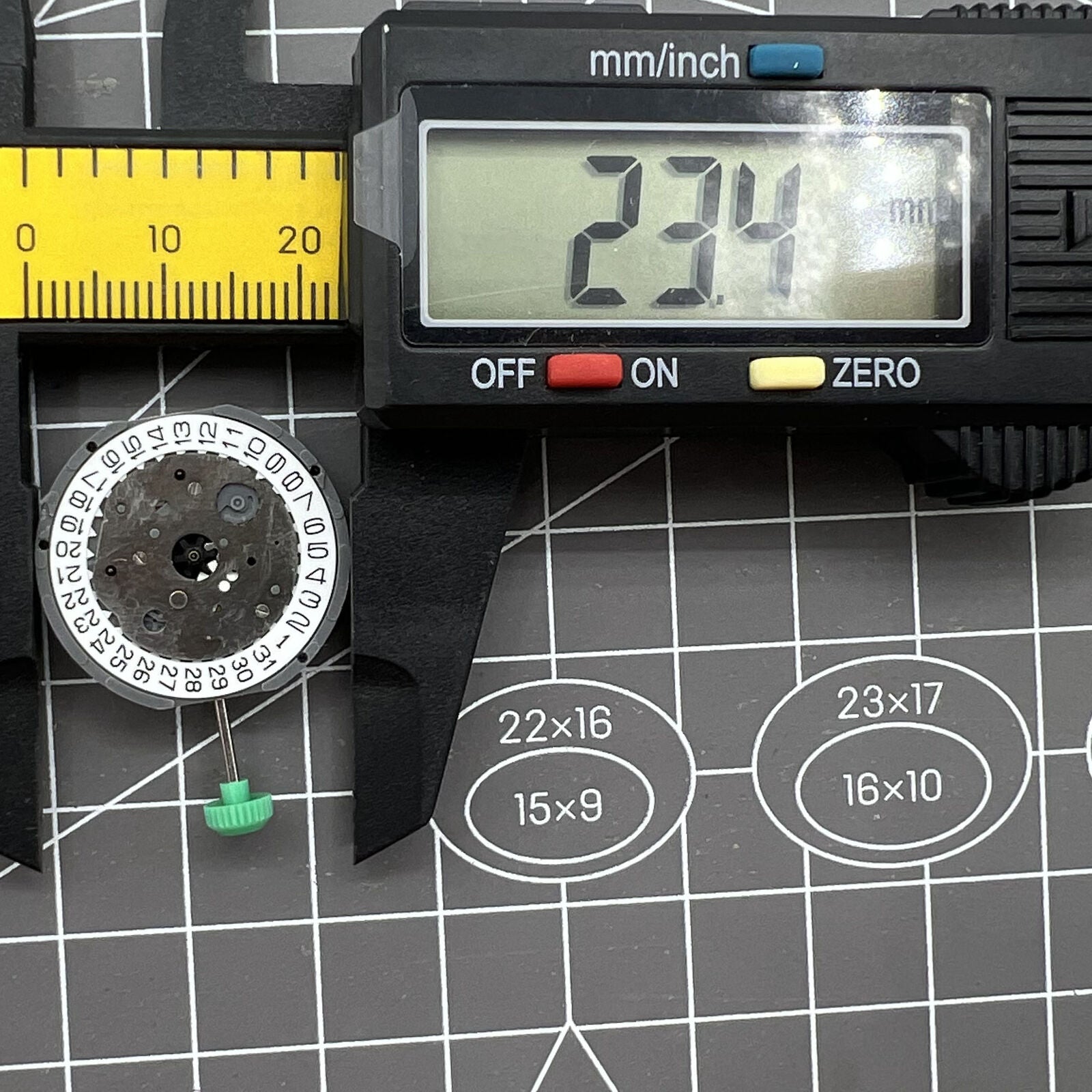 Miyota FS20 chronograph watch movement with date display at 3 o'clock, Japan quartz precision.